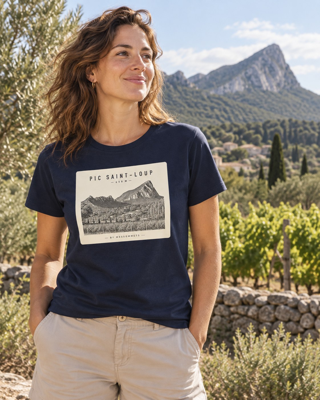 T-shirt Pic Saint-Loup porté en randonnée dans les vignes du Languedoc – Mes Sommets